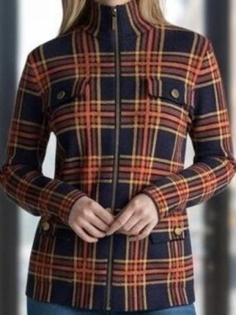 Rachel Zoe Plaid Sweater Jacket- Navy & Orange
